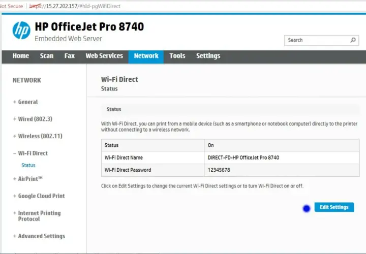 Jak znaleźć hasło do drukarki HP OfficeJet Pro 8740? Na ekranie widoczny jest status Wi-Fi Direct z hasłem 12345678.