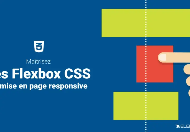 Maîtrisez les Flexbox CSS pour une mise en page responsive. Illustration d'un doigt interagissant avec des blocs colorés, symbolisant le flex html.