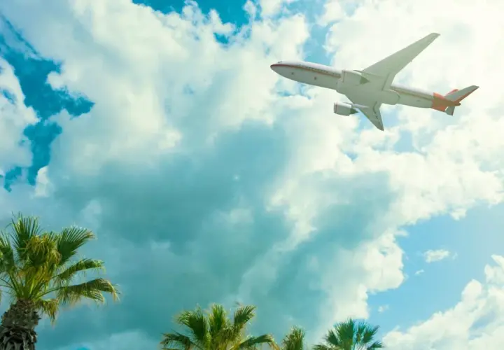 Avión surcando el cielo azul con nubes, palmeras abajo. ¡Listos para vuelos a Zanzibar!