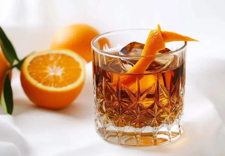 En drink med is och apelsinskal, bredvid apelsiner. Perfekt för ett sockerlag recept.