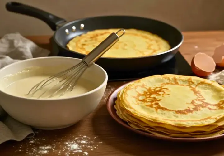 Préparation d'une recette de crêpes : pâte dans un bol, crêpes cuites dans une poêle et empilées, œufs et farine.