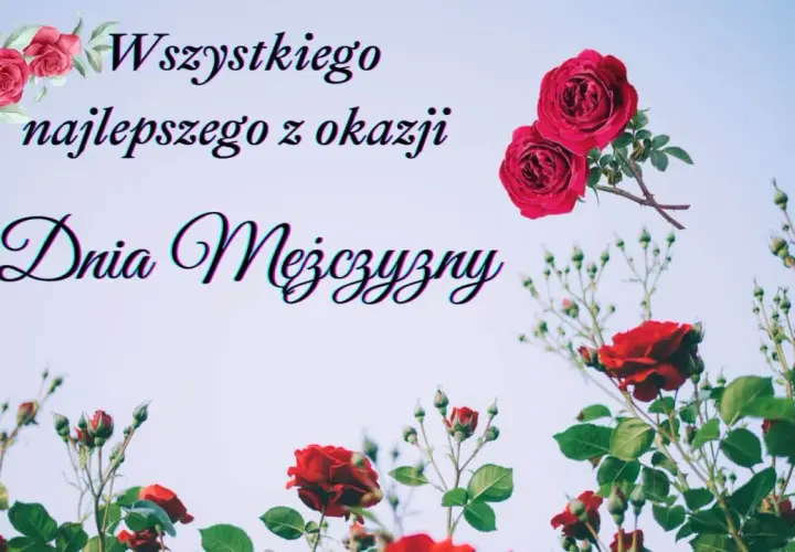 Wszystkiego najlepszego z okazji Dnia Mężczyzny! Bukiet róż na tle błękitnego nieba.