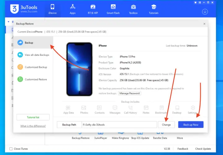 Zrzut ekranu z programu 3uTools, pokazujący opcję **backup telefonu** iPhone 13 Pro.