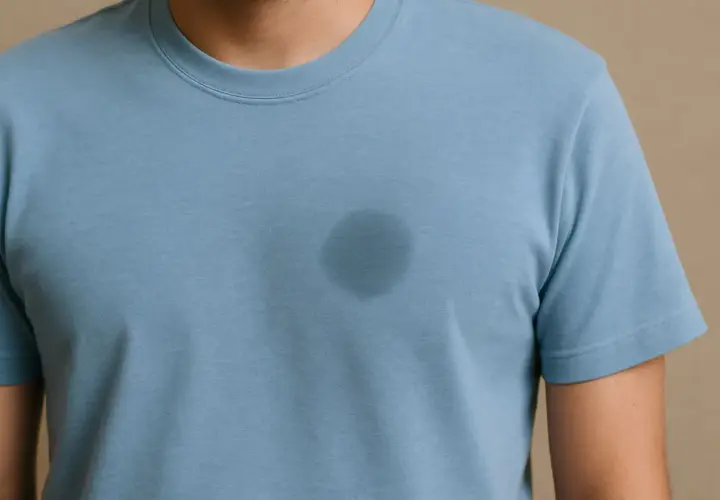 Ein Mann trägt ein blaues T-Shirt mit einem dunklen Fleck auf der Brust. Tipps, wie man fettflecken aus kleidung entfernen nach dem waschen kann.