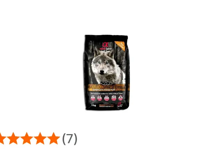 Bolsa de pienso Alpha Spirit Multi-Protein para perros, con imagen de lobo. Ideal para solucionar problemas de alimentación.