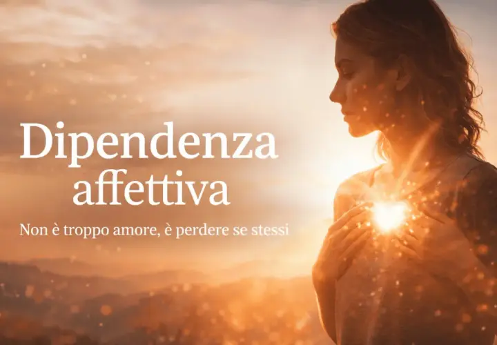 Donna con le mani sul cuore, illuminata da una luce dorata. Testo: "Dipendenza affettiva: non è troppo amore, è perdere se stessi. Come uscirne.
