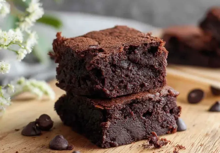 Pyszne, wilgotne brownie z airfryera, posypane kakao, na drewnianej desce z czekoladowymi kroplami i białymi kwiatami.