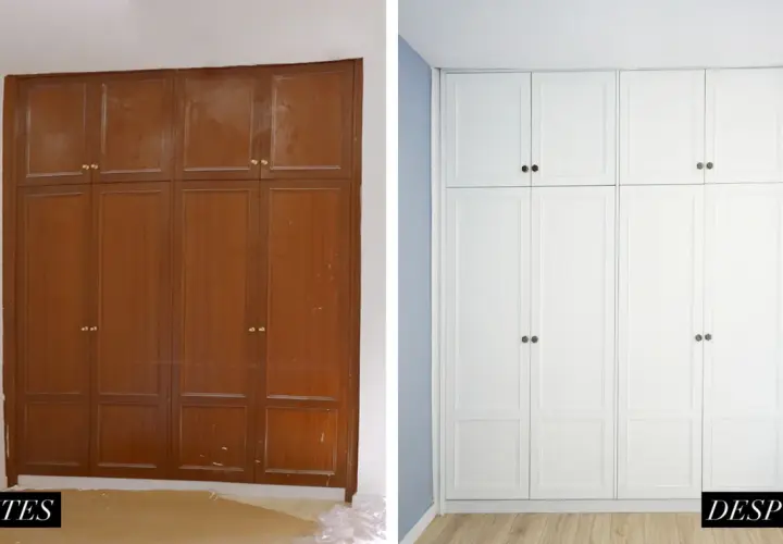 Antes y después de restaurar armario empotrado antiguo. El mueble de madera oscura se transforma en un elegante armario blanco, renovando el espacio.