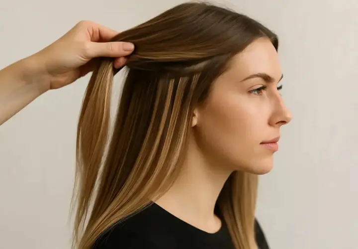 En hand fäster hårförlängningar i en kvinnas hår. De nya, grova stråna blandas med hennes egna för en fylligare look.