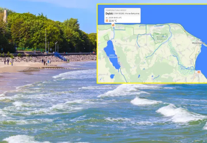 Plaża i morze, gdzie zamarza morze, z mapą pokazującą temperaturę wody 22,6°C.
