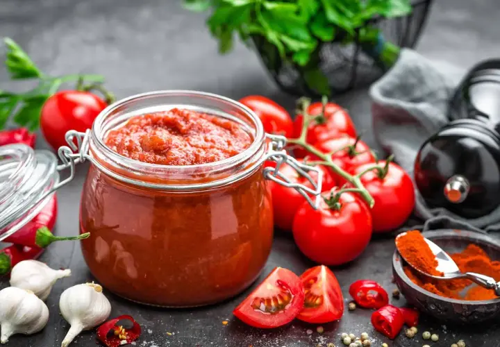 Tarro de cristal lleno de vibrante salsa de tomate casera, rodeado de tomates frescos, ajos, guindillas y especias.