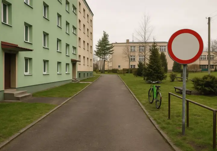 Droga z zielonym rowerem i znakiem B1. Dwa bloki mieszkalne, trawnik i drzewa.