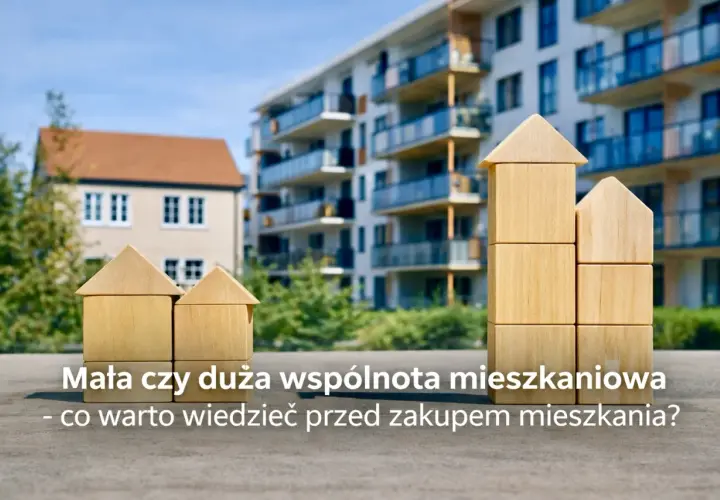 Drewniane klocki w kształcie domów symbolizują małą wspólnotę mieszkaniową. Przepisy dotyczące wspólnoty są kluczowe przed zakupem mieszkania.
