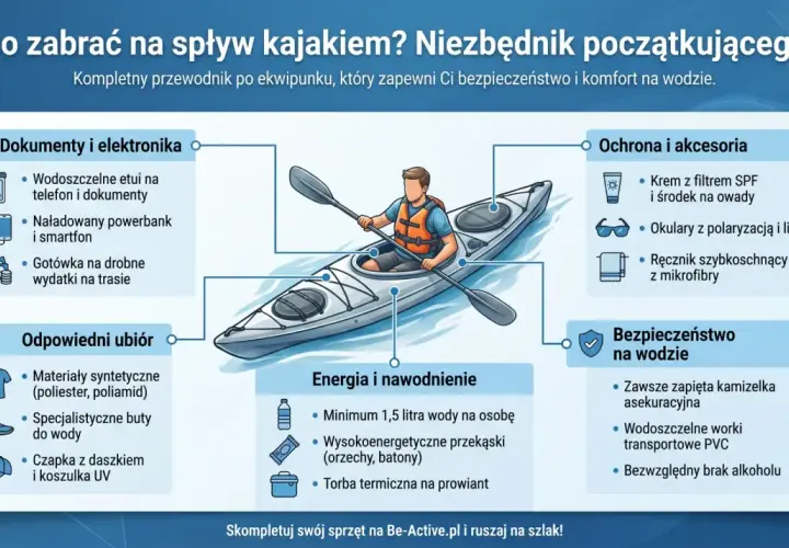 Niezbędnik na spływ kajakiem: dokumenty, odpowiedni ubiór, ochrona, energia i bezpieczeństwo na wodzie.