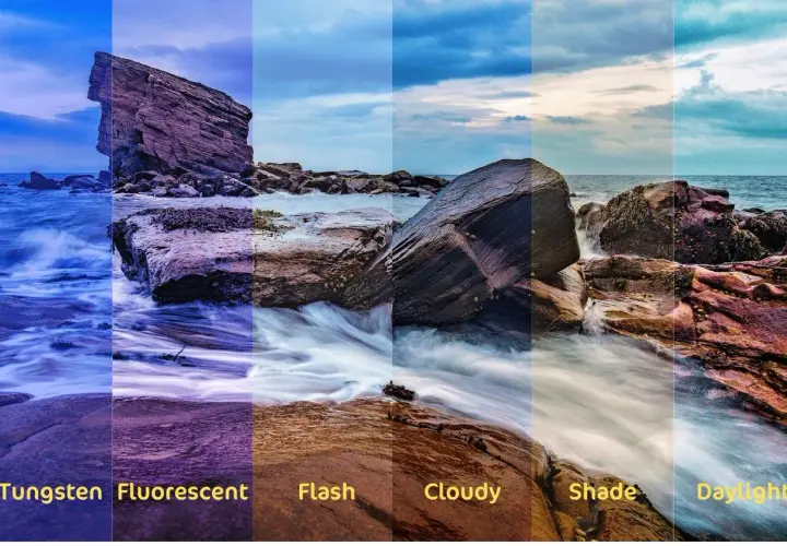 Scogliera e mare con diverse impostazioni di bilanciamento del bianco: Tungsten, Fluorescent, Flash, Cloudy, Shade, Daylight.