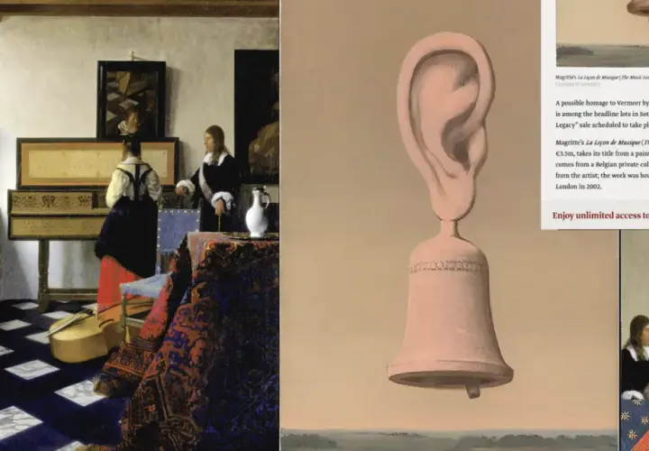 Surrealistyczny uszny dzwon, hołd po polsku dla Vermeera. Obraz z kobietami przy klawesynie.