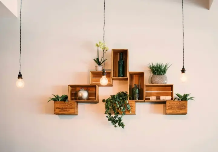 Scaffali in legno a forma di cassa, decorati con piante e oggetti, mostrano come attaccare una mensola al muro con stile.