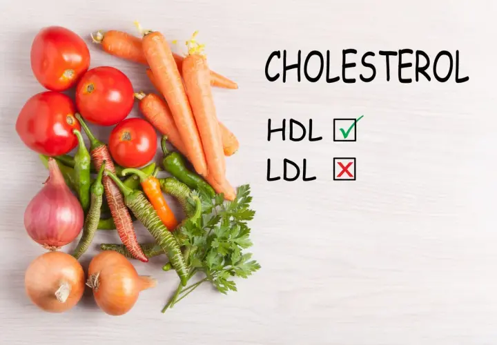 Warzywa (pomidory, marchewki, papryczki, cebule) obok napisu "CHOLESTEROL" z zaznaczonym HDL i skreślonym LDL.