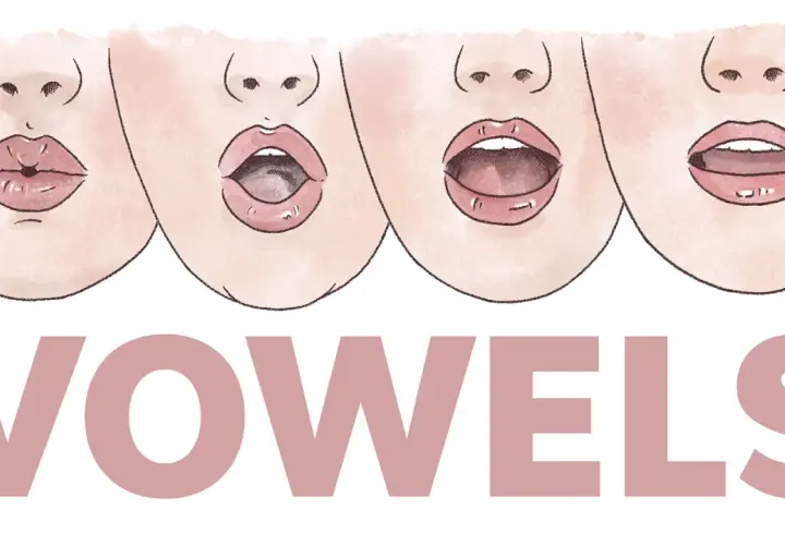 Ilustracja czterech ust pokazujących różne formy samogłosek, z napisem "VOWELS".