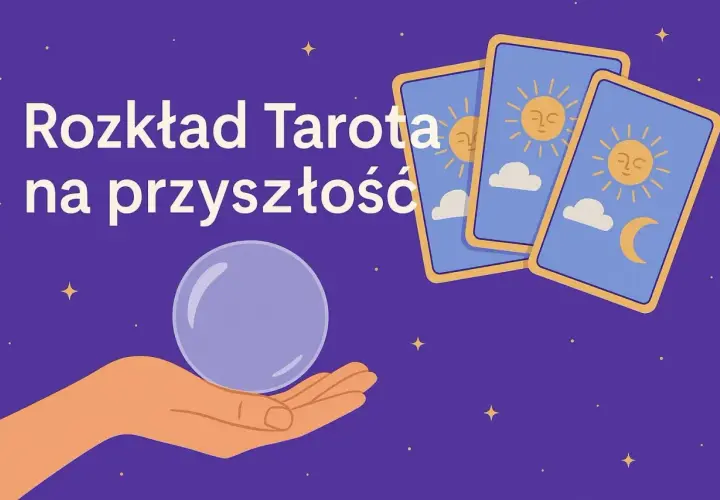 Dłoń trzyma kryształową kulę, a obok leżą karty tarota. To zapowiedź rozkładu tarota na przyszłość.