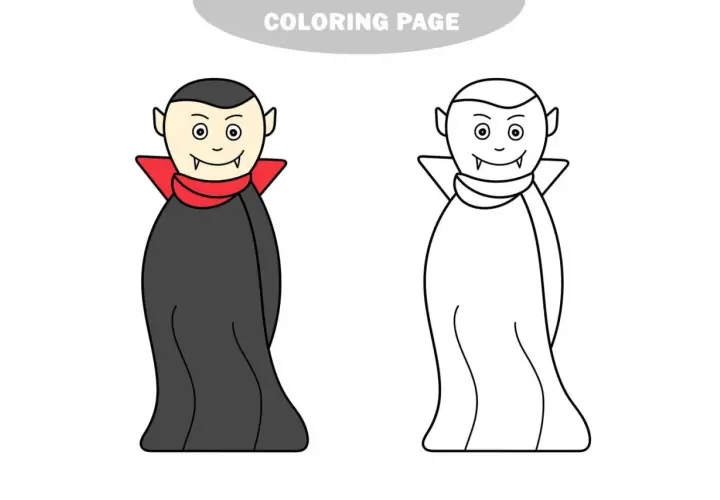 Un simpático vampiro para colorear, con capa y colmillos afilados. ¡Listo para darle vida con tus colores!
