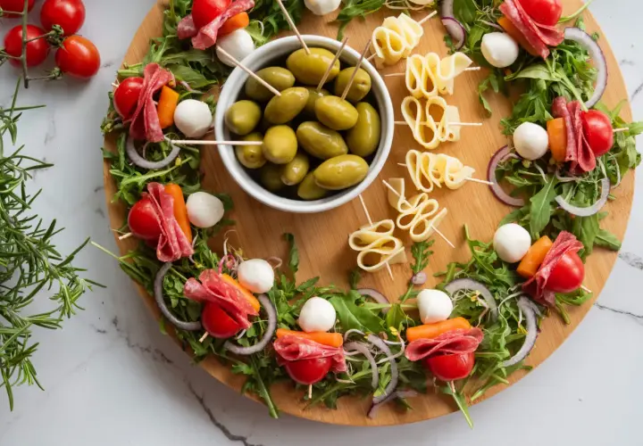 Kolorowe przystawki finger food na desce: szaszłyki z pomidorkami, mozzarellą, salami i marchewką, oliwki, ser.