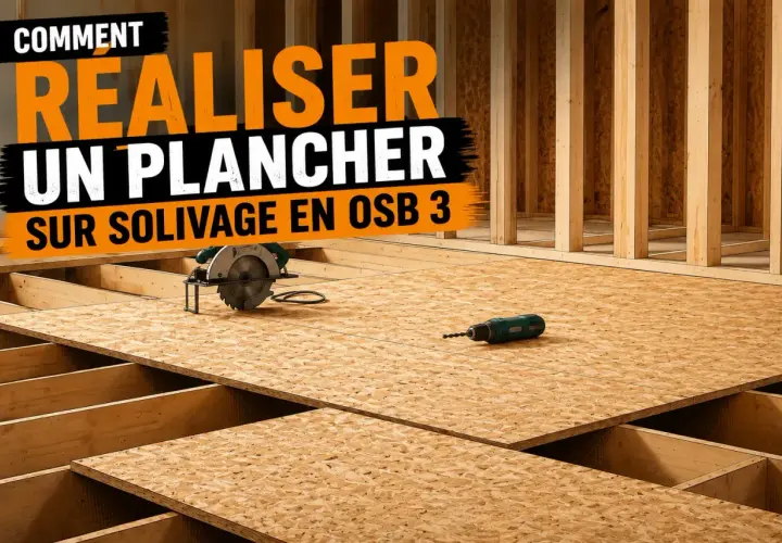 Comment réaliser un plancher sur solivage en OSB 3. Une scie circulaire et une perceuse sont posées sur le plancher en cours de pose.