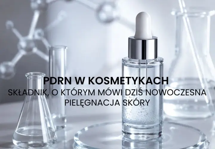PDRN w kosmetykach: składnik, o którym mówi dziś nowoczesna pielęgnacja skóry. Serum w butelce z pipetą i naczynia laboratoryjne.
