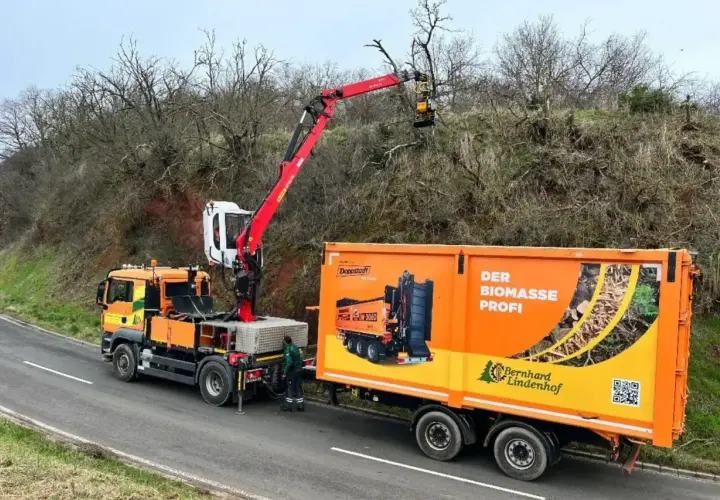 Ein orangefarbener LKW mit einem roten anbaukran schneidet Äste von einem Baum. Daneben steht ein Anhänger mit der Aufschrift "Der Biomasse Profi".