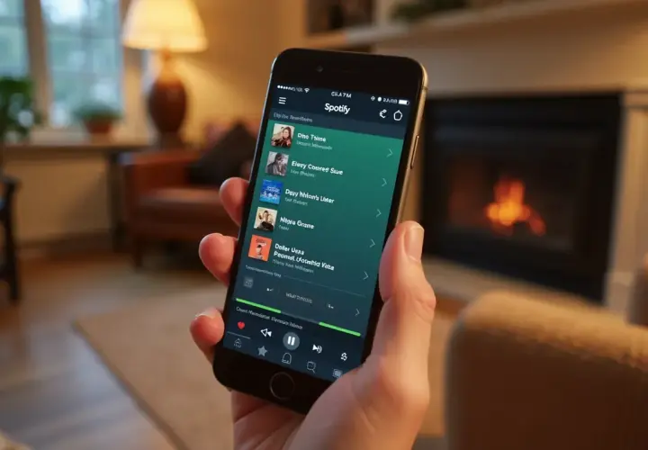 Dłoń trzyma smartfon z otwartą aplikacją Spotify, wyświetlającą listę utworów.