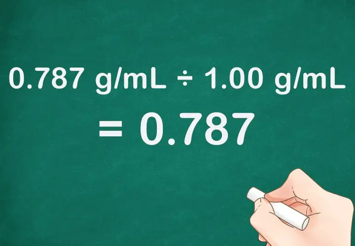 Cálculo de la gravedad específica del agua: 0.787 g/mL dividido por 1.00 g/mL es igual a 0.787.