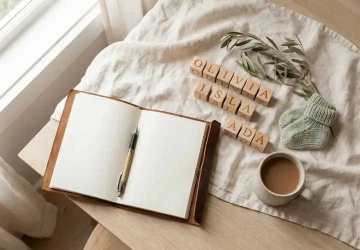 Blocchi di legno con nomi inglesi femminili rari: Olivia, Isla, Ada. Accanto, un quaderno aperto, una tazza di caffè e un paio di scarpine da neonato.