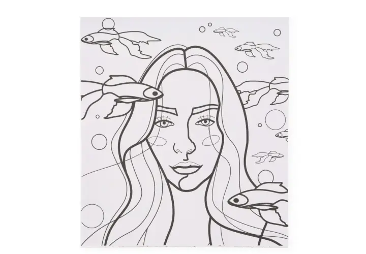 Dibujo de una chica para colorear, rodeada de peces y burbujas.