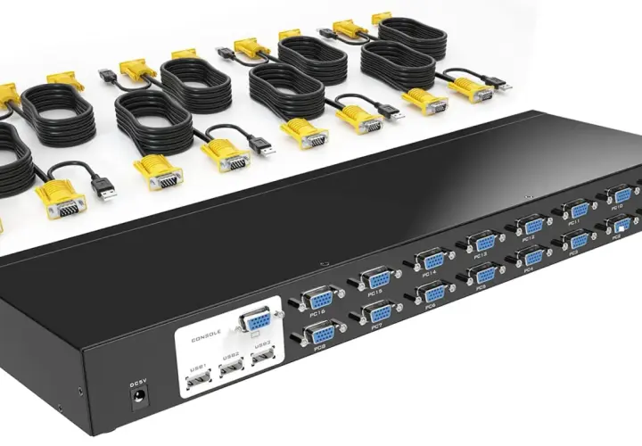 Przełącznik KVM z wieloma portami VGA i USB, idealny do zarządzania wieloma komputerami. Ten system displaylink ułatwia podłączenie i kontrolę.