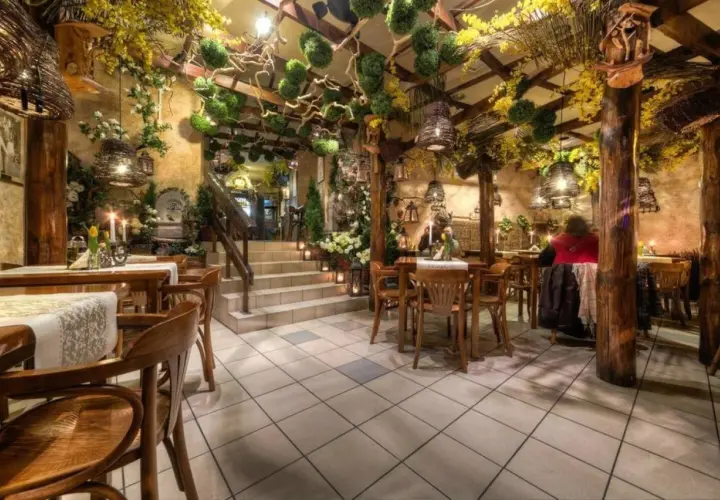 Przytulne wnętrze z drewnianymi meblami i bogatą roślinnością, idealne na romantyczną kolację. Polecane restauracje Katowice.