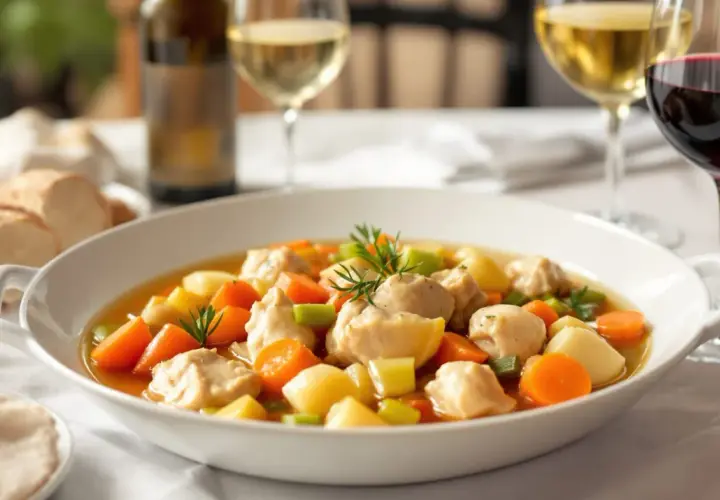 Un plat de poule au pot réconfortant, garni de carottes et de pommes de terre, accompagné de vin blanc et rouge.