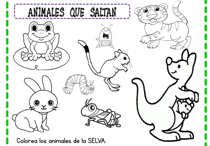 Fichas de animales para imprimir: un tigre, un canguro con cría, un conejo, una rana, un ratón, una oruga y un saltamontes. ¡A colorear!