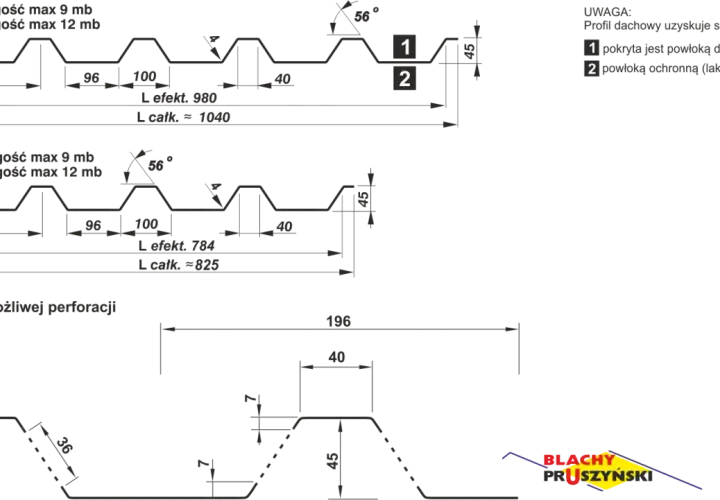 Rysunki techniczne blachy trapezowej z wymiarami: L efekt. 980, L całk. ≈ 1040 i L efekt. 784, L całk. ≈ 825.