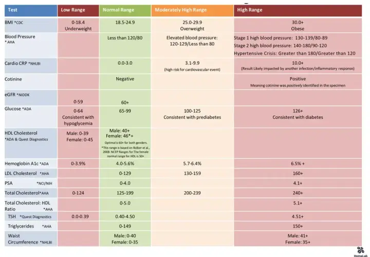 Tabela wyników badań: trójglicerydy norma 0-149. Inne parametry to BMI, ciśnienie, glukoza, cholesterol.