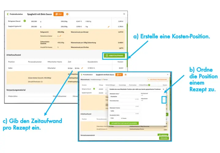 Erstelle eine Kosten-Position für Spaghetti mit Bolo Sauce, ordne sie einem Rezept zu und gib den Zeitaufwand pro Rezept ein.