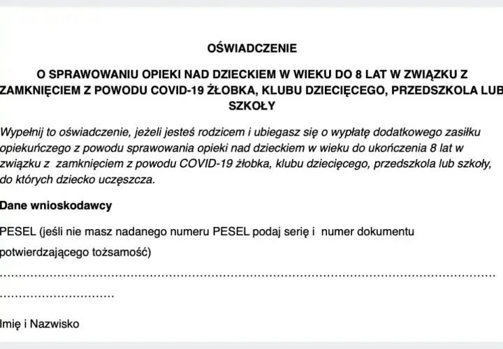 Oświadczenie o sprawowaniu opieki nad dzieckiem do 8 lat z powodu zamknięcia placówki (żłobek, przedszkole, szkoła) w związku z COVID-19. Druk z-15a.