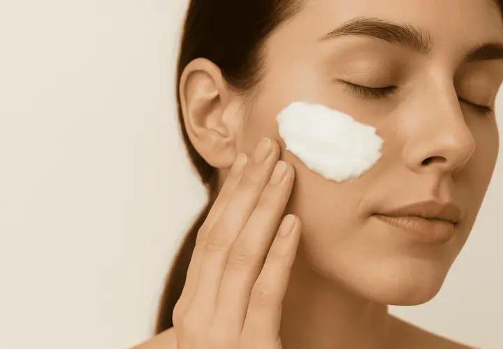 Mujer aplica crema con centella asiática en su rostro. Piel radiante y cuidada.