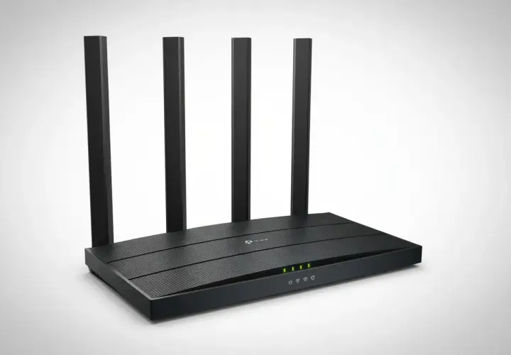 Czarny router Wi-Fi z czterema antenami, idealny do domu. Zastanawiasz się, jaki router do domu wybrać? Ten model oferuje stabilne połączenie.