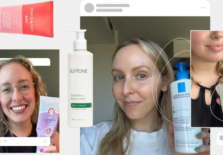 Kvinna visar hudvårdsprodukter för keratosis pilaris ansikte. Glytone, La Roche-Posay och First Aid Beauty.