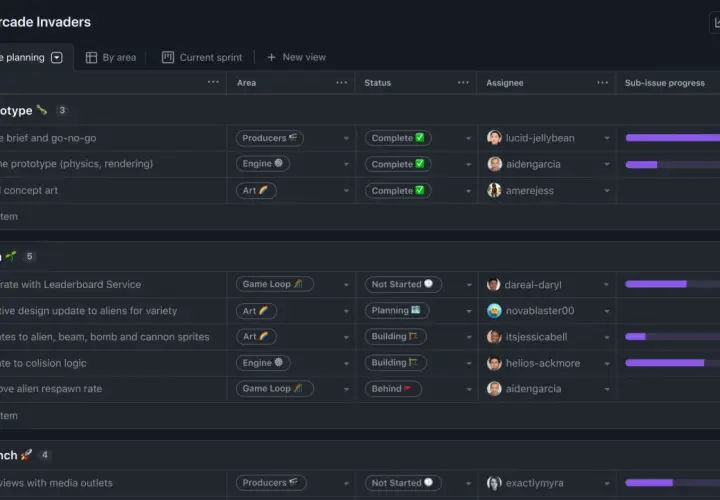 Tableau de suivi de projet "OctoArcade Invaders" avec des tâches groupées par phase (Prototype, Beta, Lancement). Un avis sur GitHub pourrait concerner la progression de ces tâches.