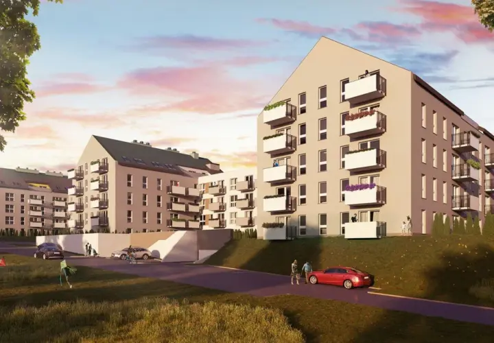 Nowoczesne apartamenty Królewskie Tarasy Wieliczka z balkonami i zielenią. Dzieci puszczają latawiec na trawiastym zboczu.