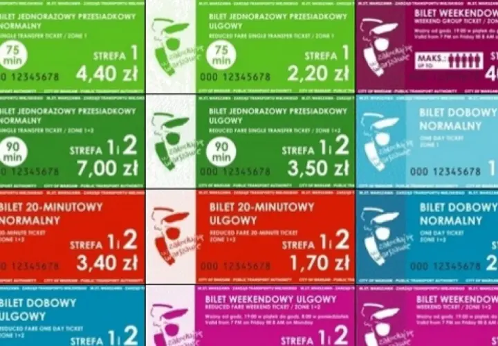Kolekcja biletów komunikacji miejskiej w Warszawie: jednorazowe, dobowe i weekendowe. Idealne na zwiedzanie miasta, np. bilet weekendowy grupowy.