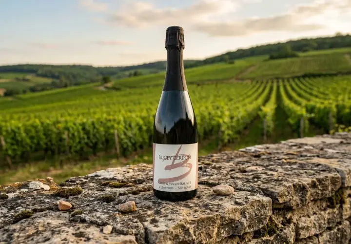 Bouteille de Bugey Cerdon blanc posée sur un muret de pierre, avec des vignes à perte de vue en arrière-plan.