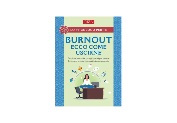 Copertina libro "Burnout Ecco Come Uscirne". Una donna medita alla scrivania, circondata da icone di stress. Utile per chi soffre di burnout mamma come uscirne.