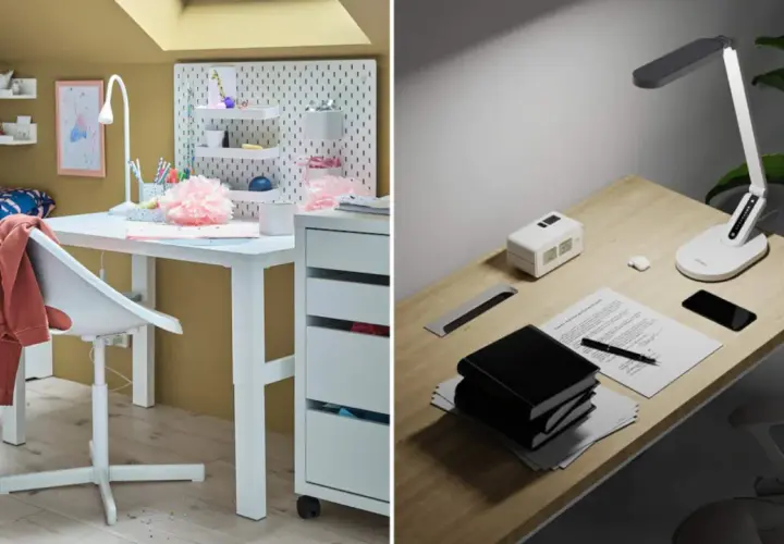 Dos escritorios, uno con un flexo blanco y decoración infantil, otro con un flexo moderno, libros y un móvil.